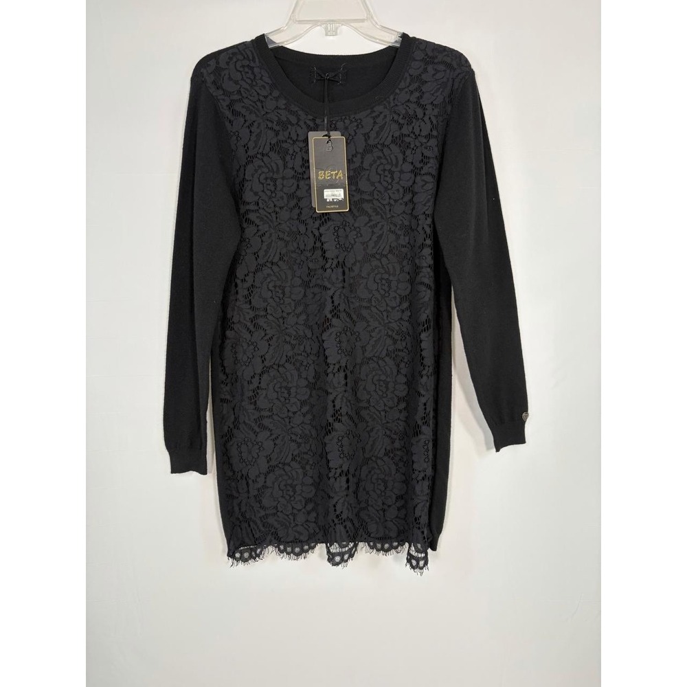 Beta Black Lace Front Pullover Sweater Scalloped Hem Size M Whimsigoth NWT